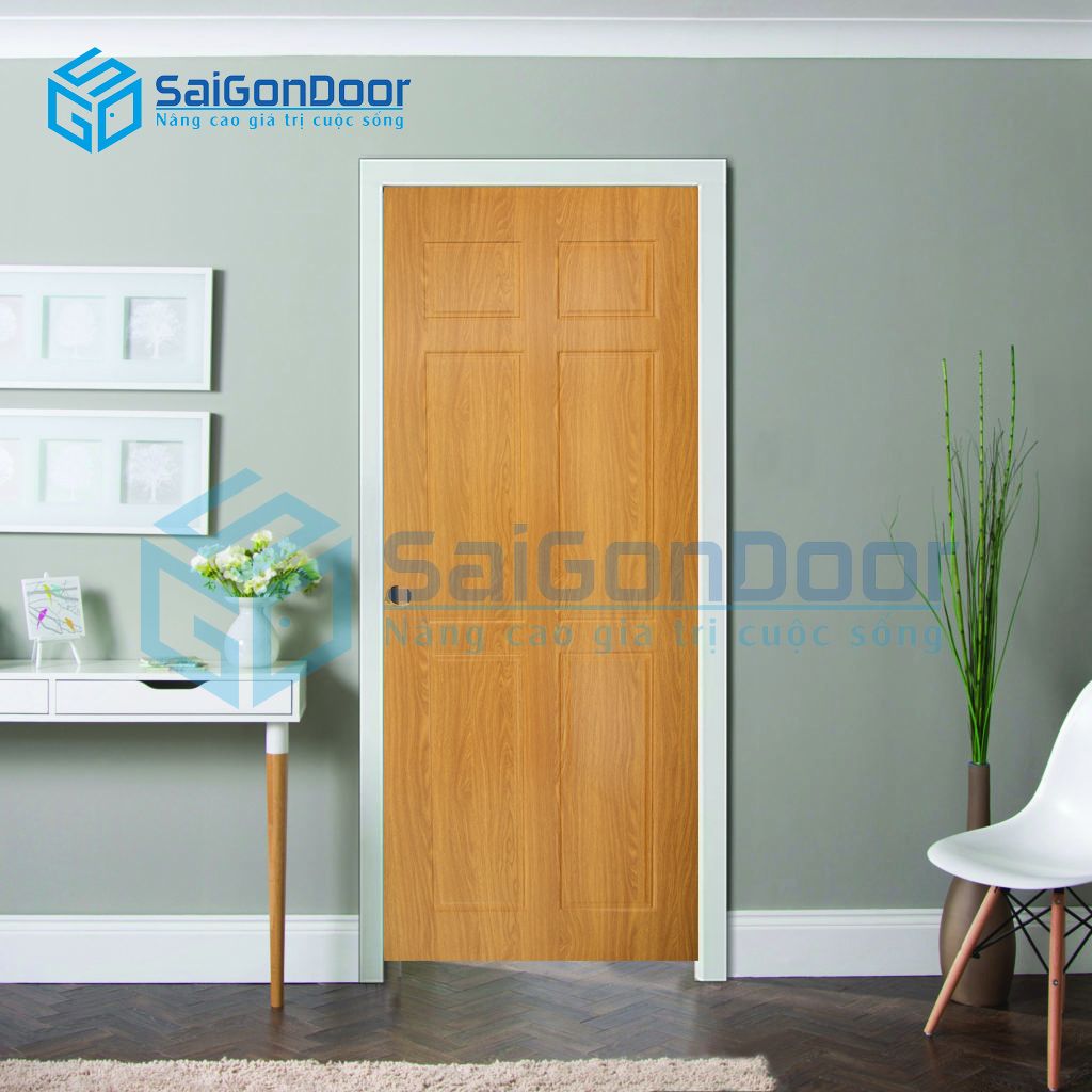 Cửa phòng ngủ thanh lịch thể hiện bởi khung màu trắng kết hợp với màu cửa vân gỗ phá cách SYB.305-B02
